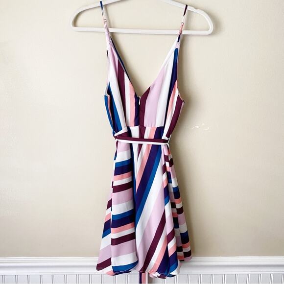 Lulu’s | Spreading Joy Striped Mini Skater Dress Pink Multi Medium - Picture 5 of 7
